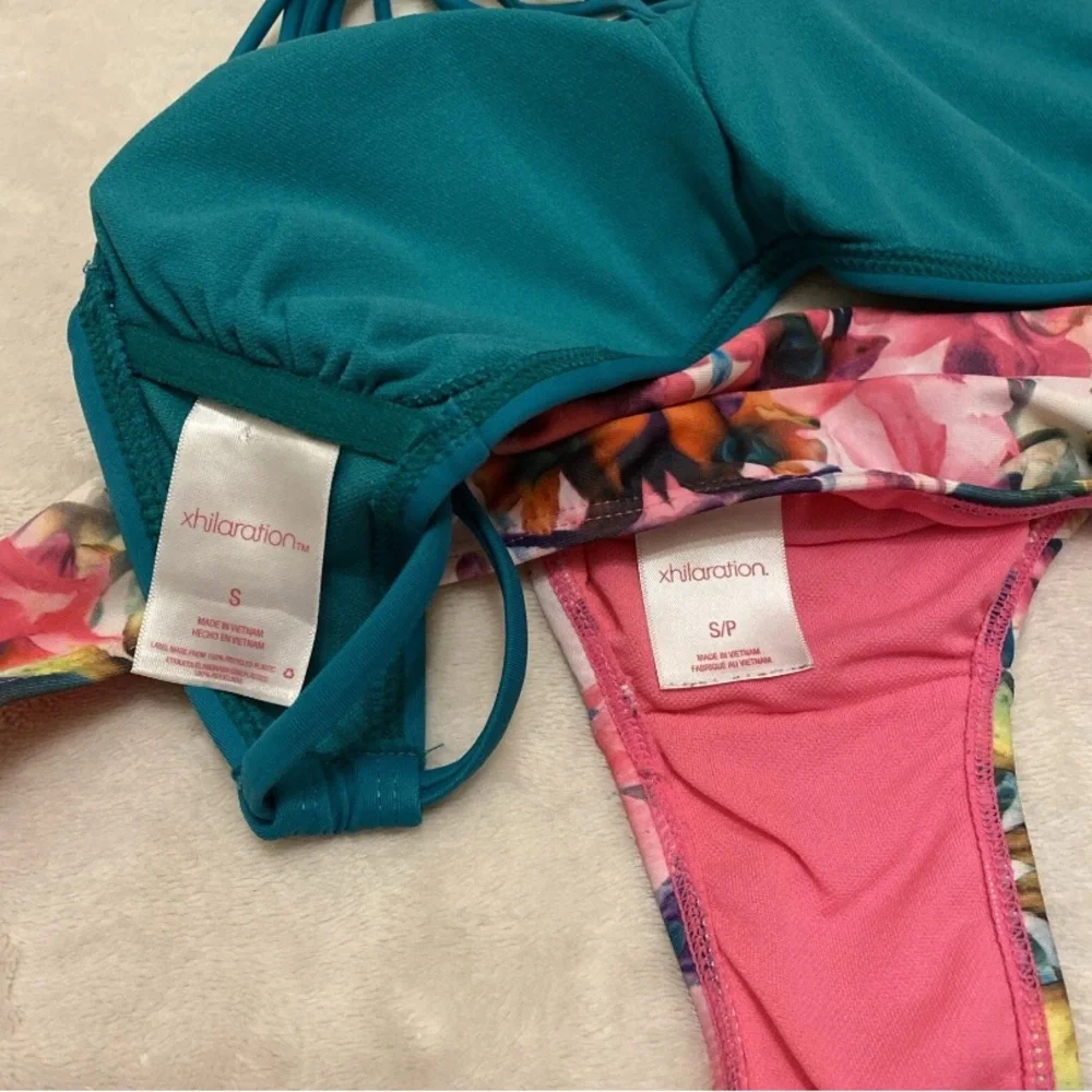 Xhilaration Teal Strappy Bikini with Floral Bottoms